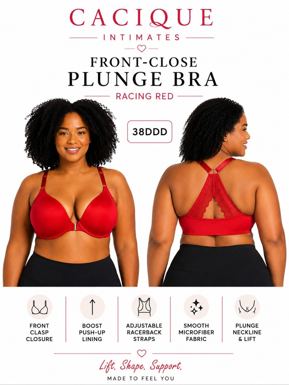 Cacique Intimates Front-Close Smooth Boost Plunge BraSize 38DDD | Racing Red